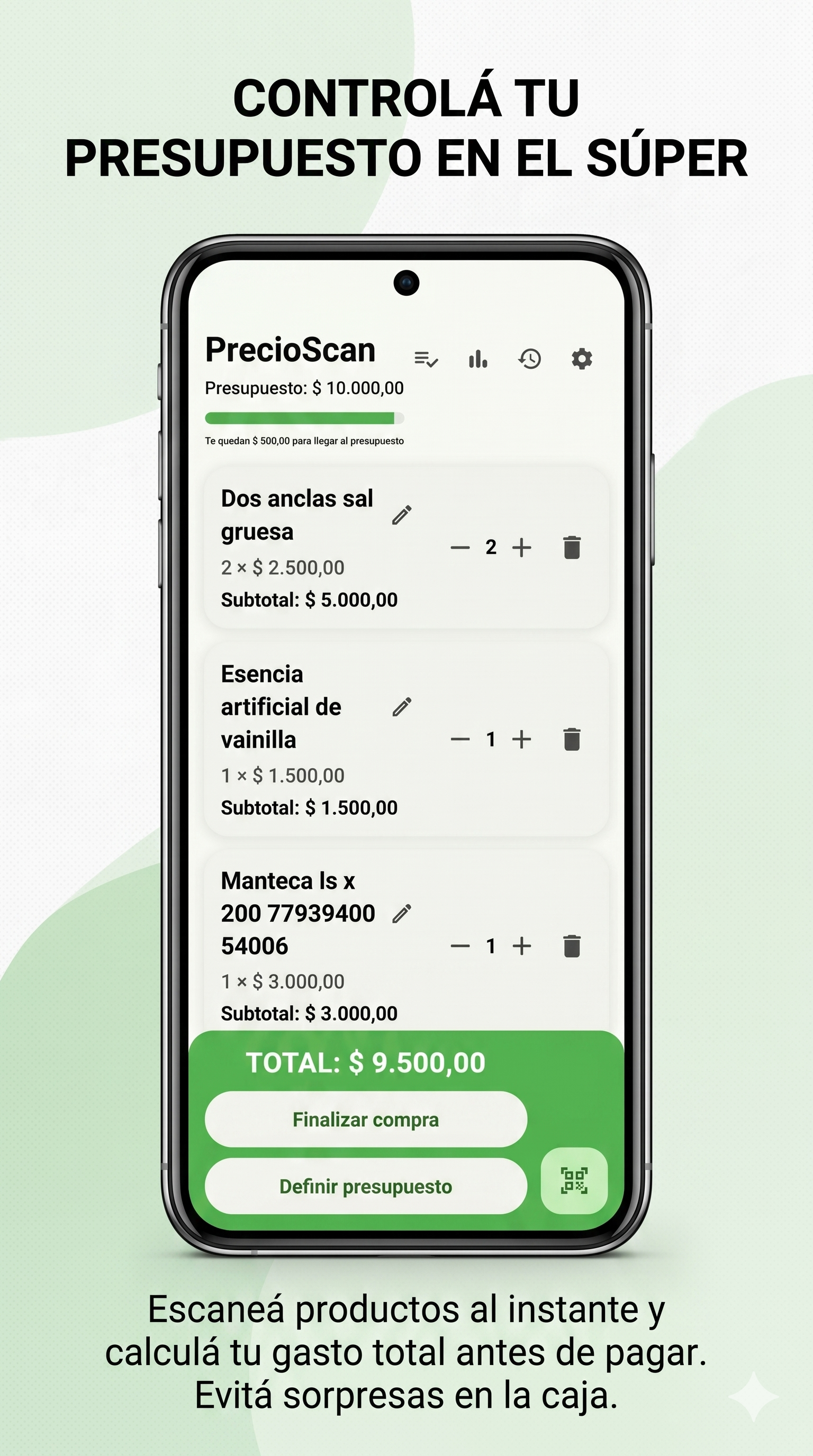 Pantalla principal de PrecioScan mostrando total de compra y presupuesto